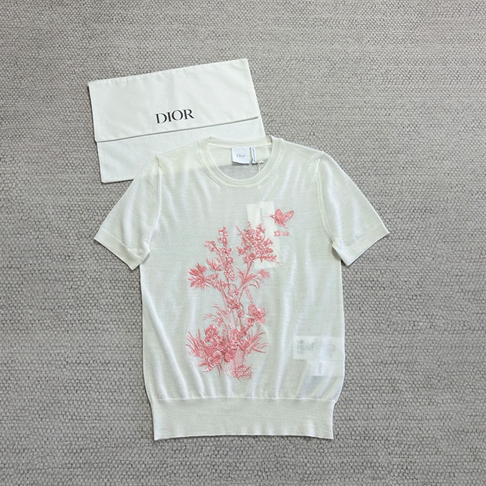 dior floral butterfly embroidery short sleeve knit top